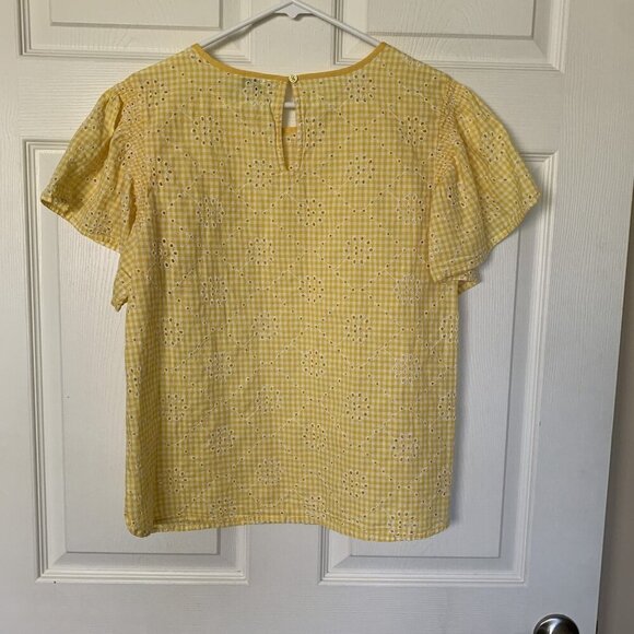 Crown & Ivy Yellow White Eyelet Gingham Size Large Short Sleeve Top Blouse - Picture 4 of 8
